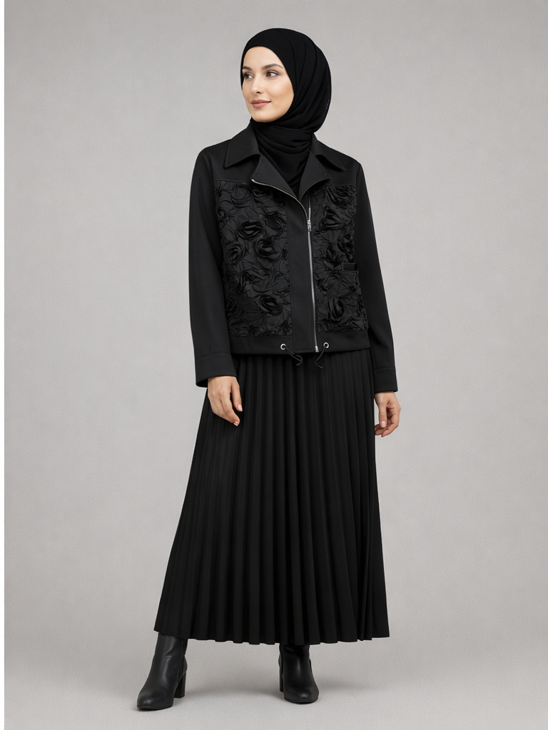 Defne Store Siyah Ruffles Detaylı Fermuarlı Ceket Pile Etek Takım