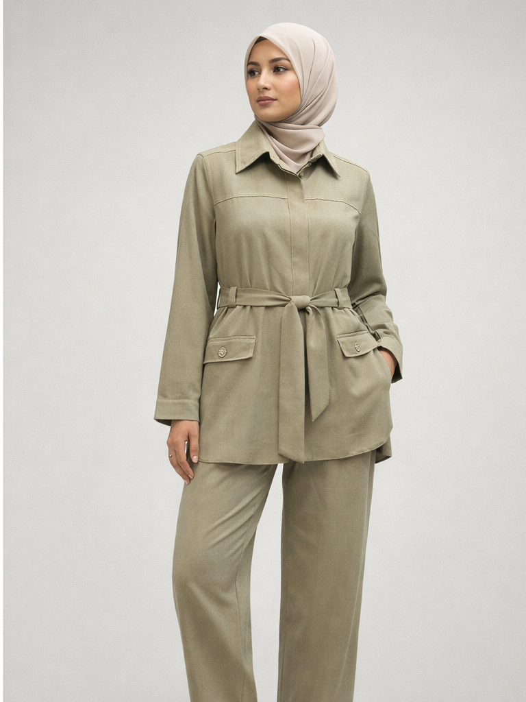 Defne Store Vizon Kontrast Garnili Taşlı Safari Tunik Pantolon Takım