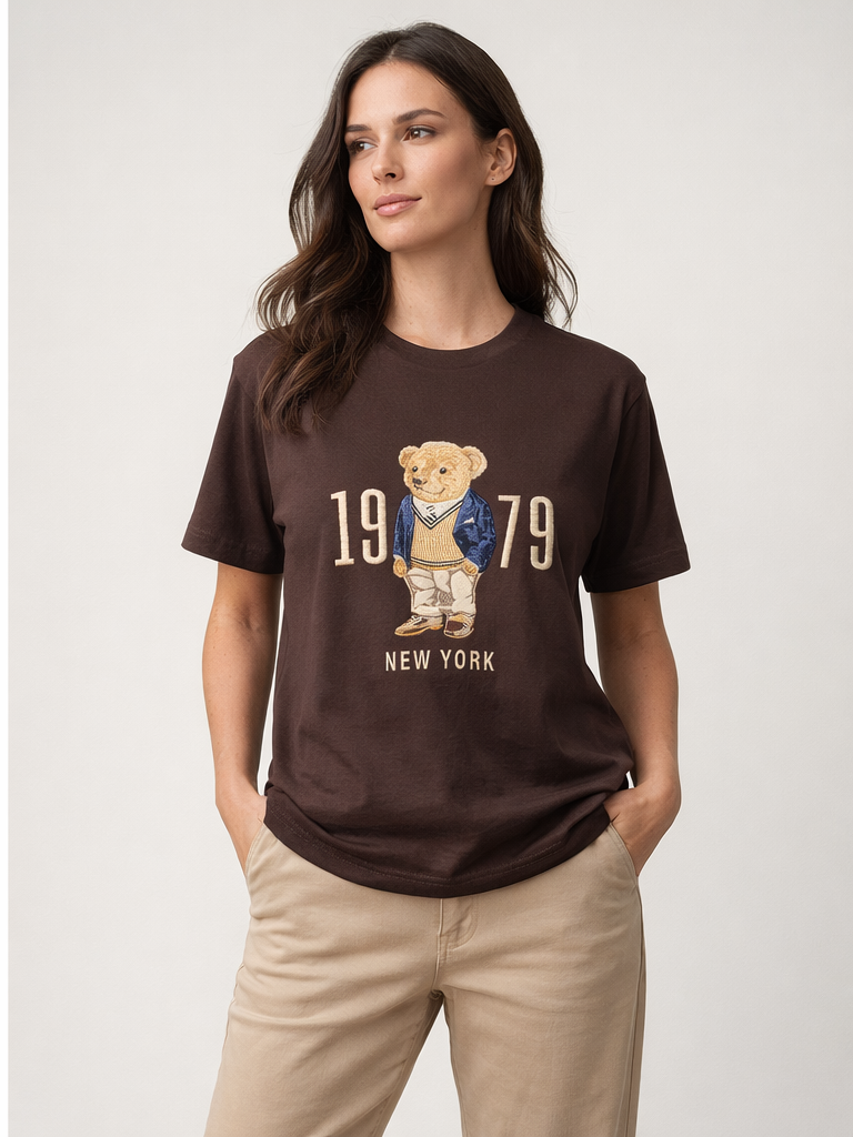 Bisou New York Bear Nakışlı Pamuklu Tişört - Acı Kahve