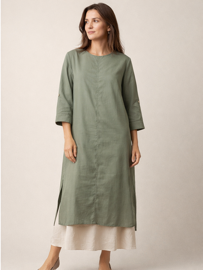 İklim Kolye Aksesuarlı Çift Renk Detaylı Tunik - Haki