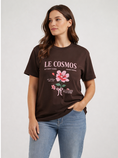 Bisou Acı Kahve Le Cosmos Baskılı Oversize Pamuklu Tişört