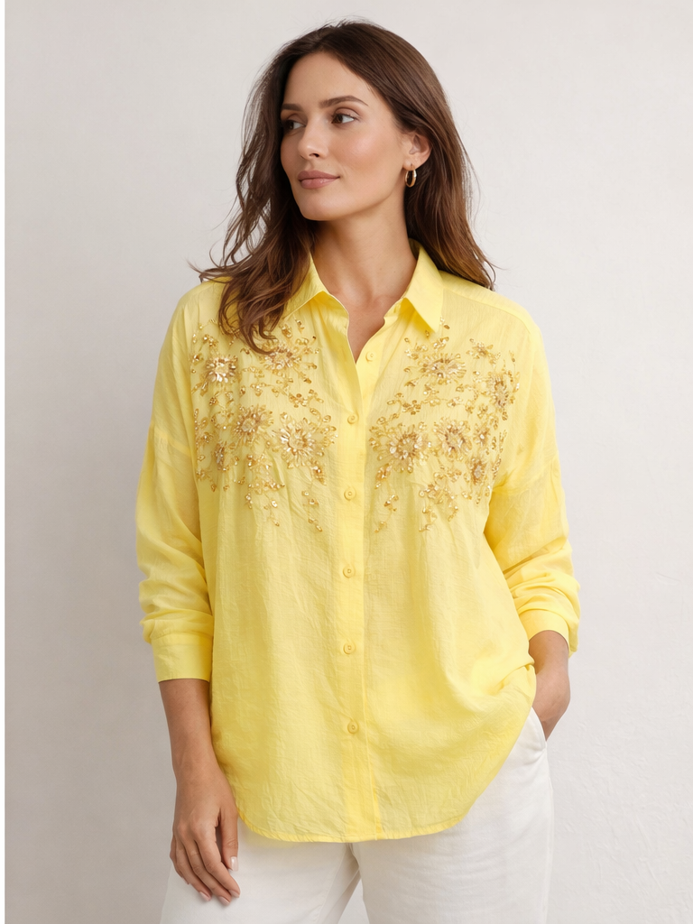 Tarzz Collection Sarı Renk Gold Pul ve Boncuk İşlemeli Floral Gömlek