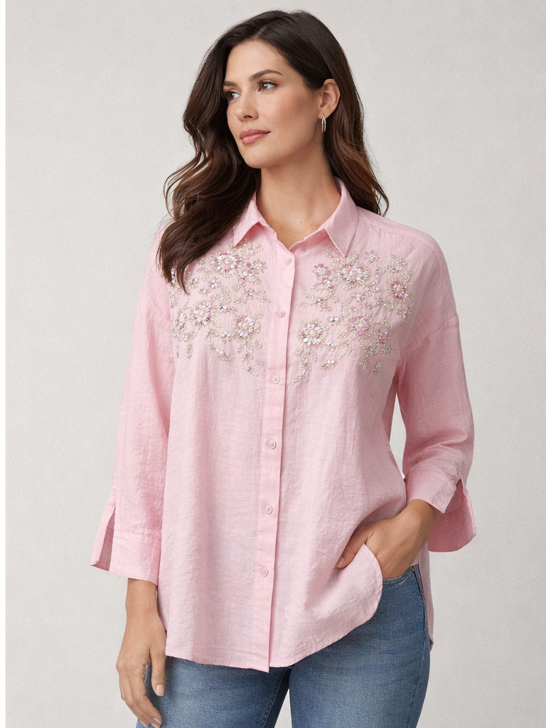 Tarzz Collection Şeker Pembesi Gümüş Pul ve Boncuk İşlemeli Floral Gömlek