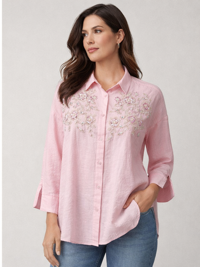 Tarzz Collection Şeker Pembesi Gümüş Pul ve Boncuk İşlemeli Floral Gömlek