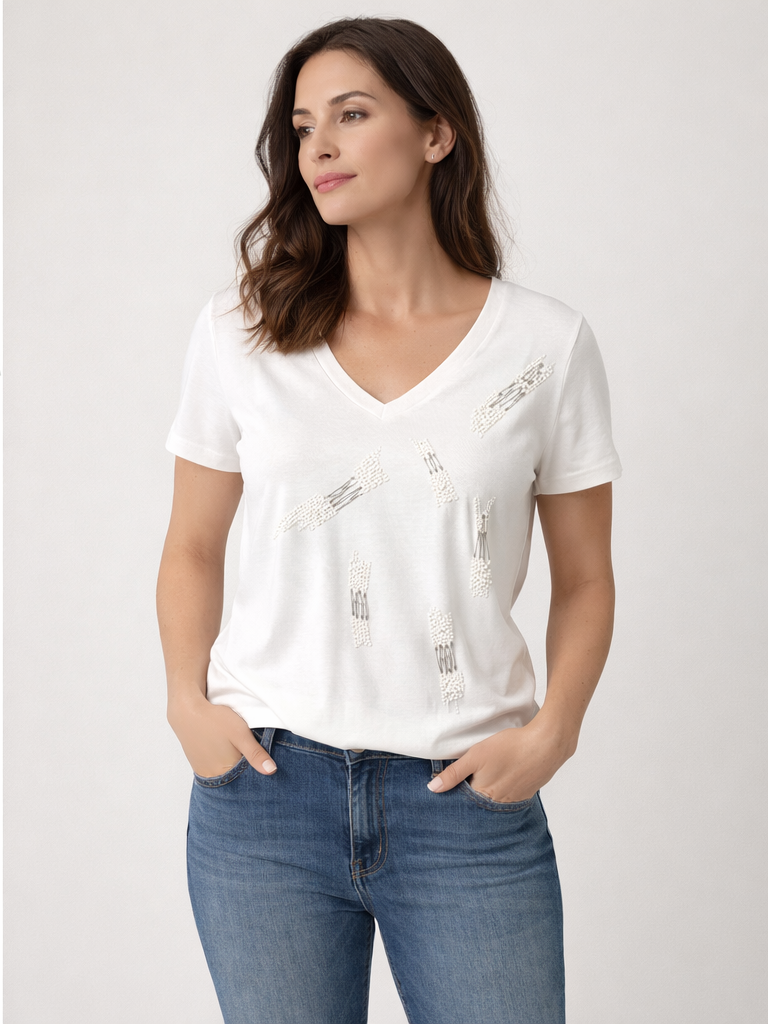 Angora Fashion - V Yaka İnce Boncuk İşlemeli Ekru Bluz