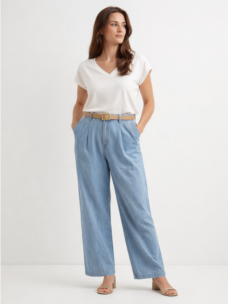 Xlove Bej Kemerli Açık Mavi Denim Pantolon