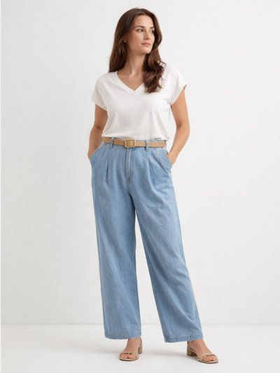 Xlove Bej Kemerli Açık Mavi Denim Pantolon