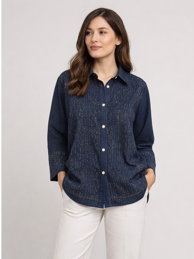 Xlove Işıltılı Taş İşlemeli Lacivert Denim Gömlek