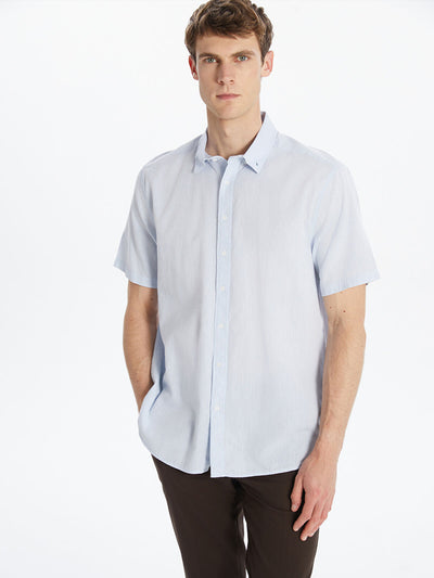 SOUTHBLUE-Mavi Regular Fit Kısa Kollu Keten Karışımlı Erkek Gömlek-1