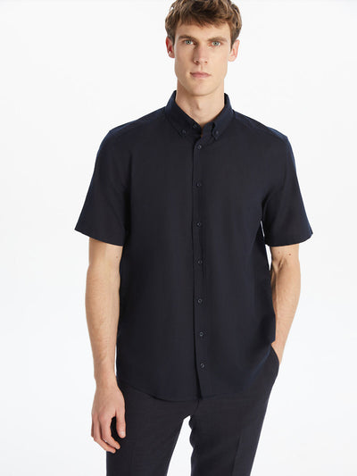 SOUTHBLUE-Lacivert Regular Fit Kısa Kollu Keten Karışımlı Erkek Gömlek-1
