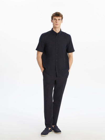 SOUTHBLUE-Lacivert Regular Fit Kısa Kollu Keten Karışımlı Erkek Gömlek-2